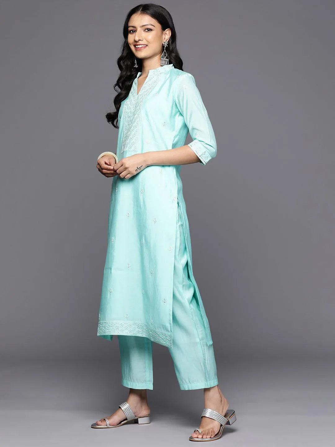 Mameraa Turquoise Blue Embroidered Silk Blend Straight Kurta With Trousers & Dupatta