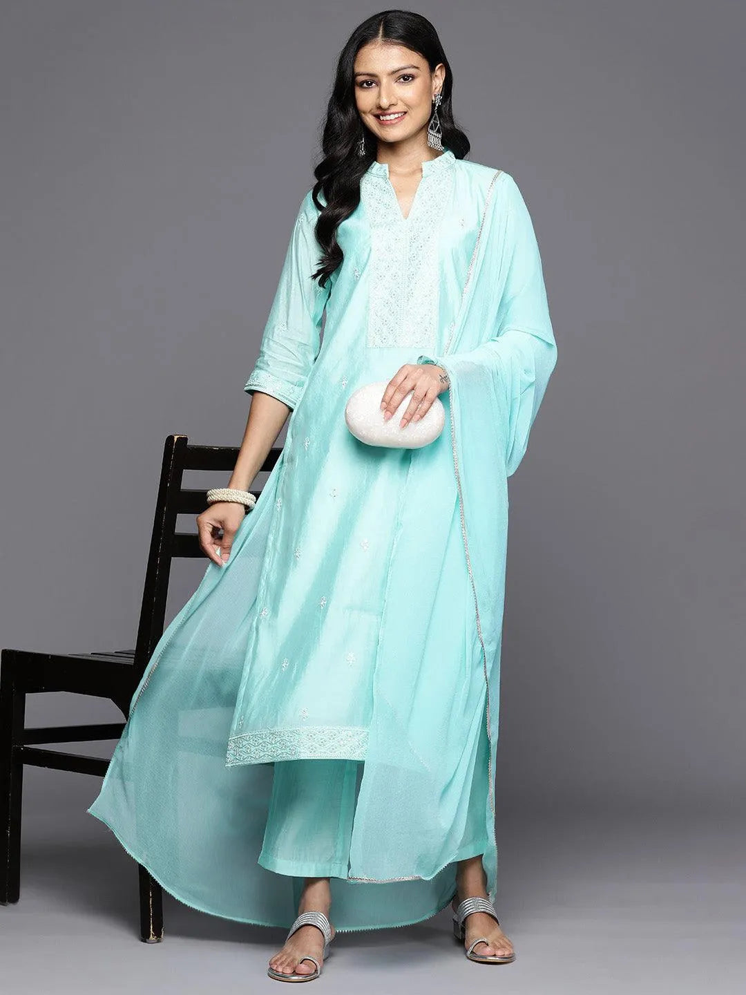 Mameraa Turquoise Blue Embroidered Silk Blend Straight Kurta With Trousers & Dupatta