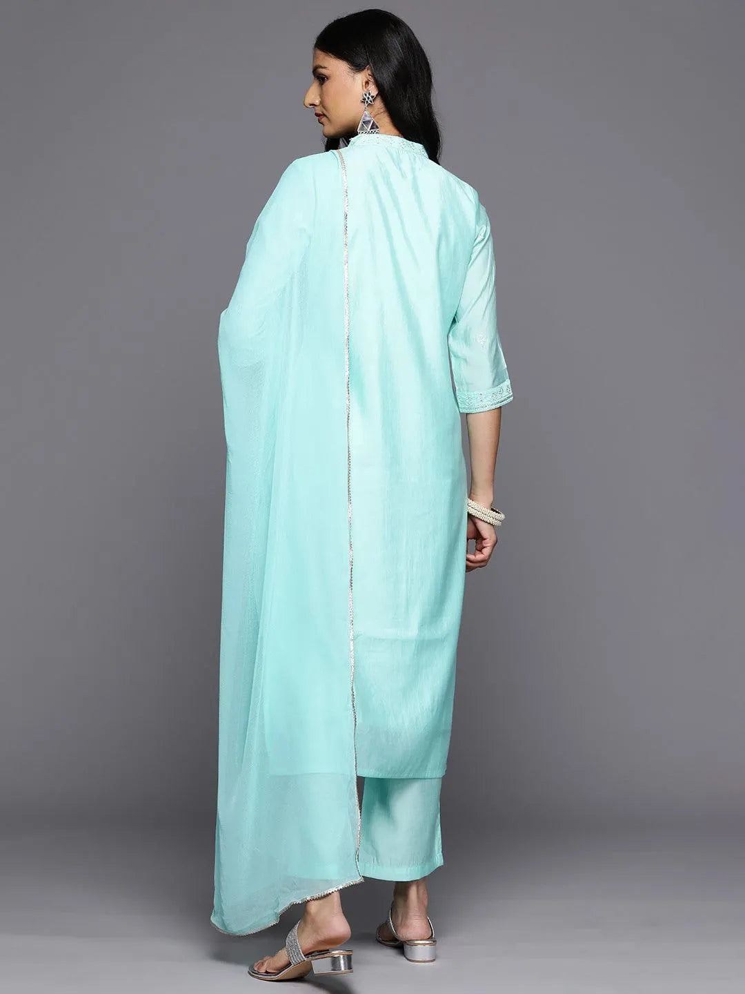 Mameraa Turquoise Blue Embroidered Silk Blend Straight Kurta With Trousers & Dupatta