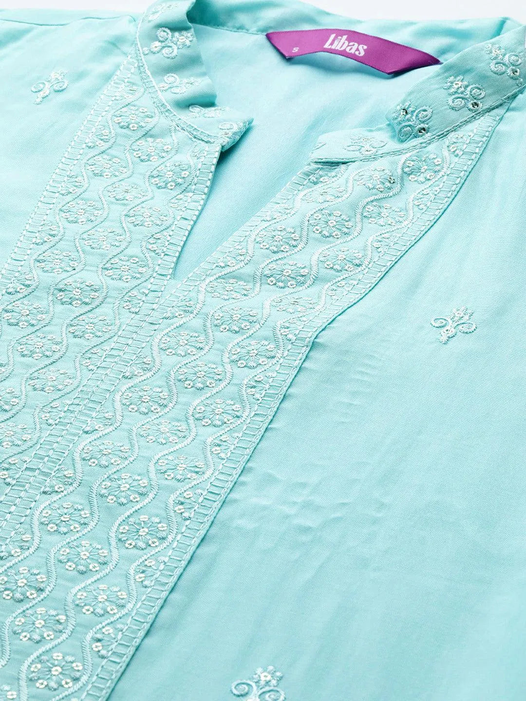 Mameraa Turquoise Blue Embroidered Silk Blend Straight Kurta With Trousers & Dupatta