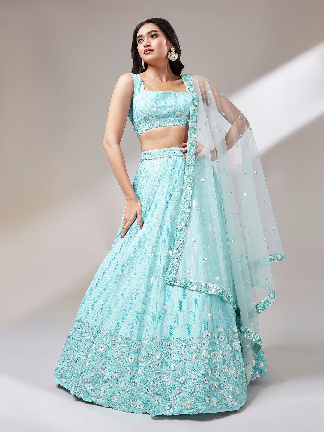 Turquoise Blue Georgette Sequinse embroidery Semi-Stitched Lehenga choli & Dupatta