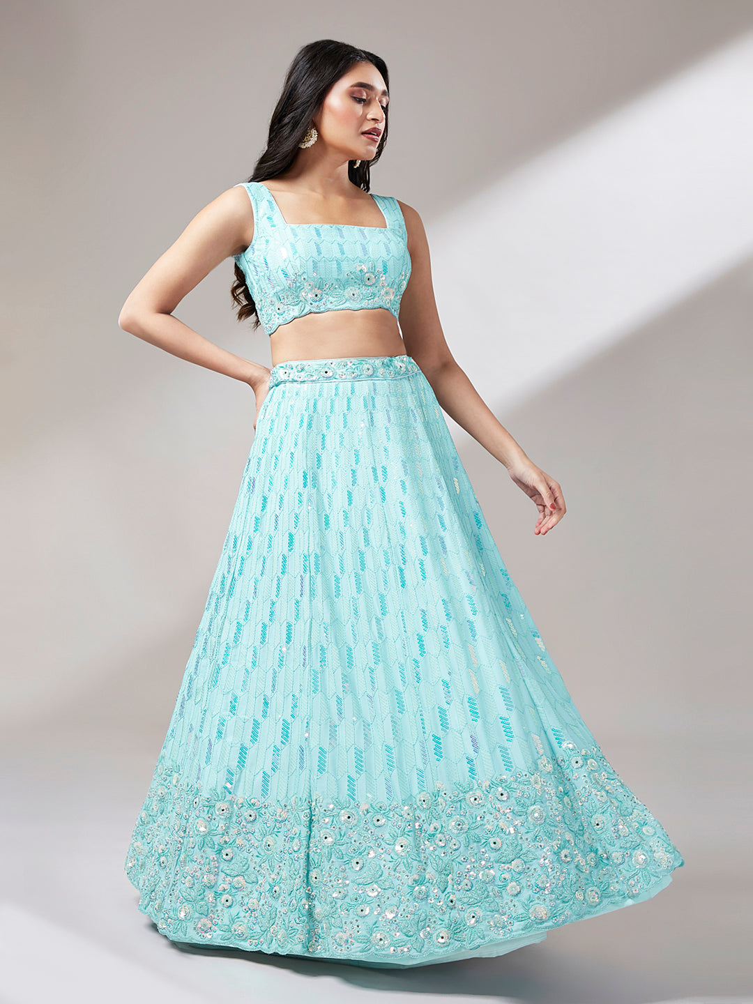 Turquoise Blue Georgette Sequinse embroidery Semi-Stitched Lehenga choli & Dupatta