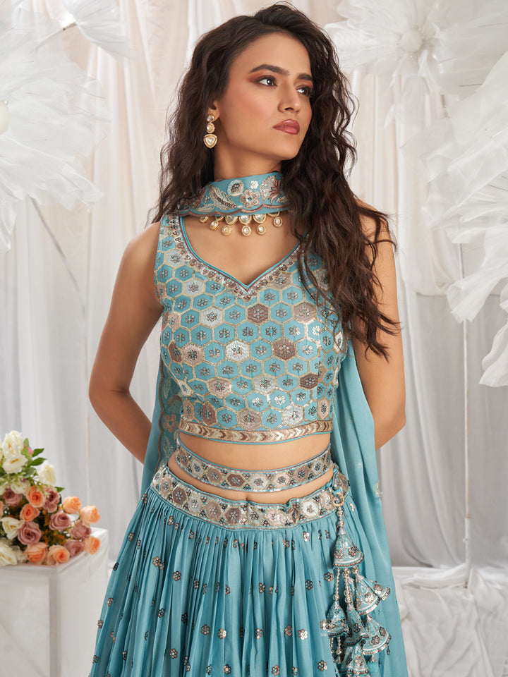 Turquoise Blue Georgette Sequin embroidery Semi-Stitched Lehenga choli & Dupatta