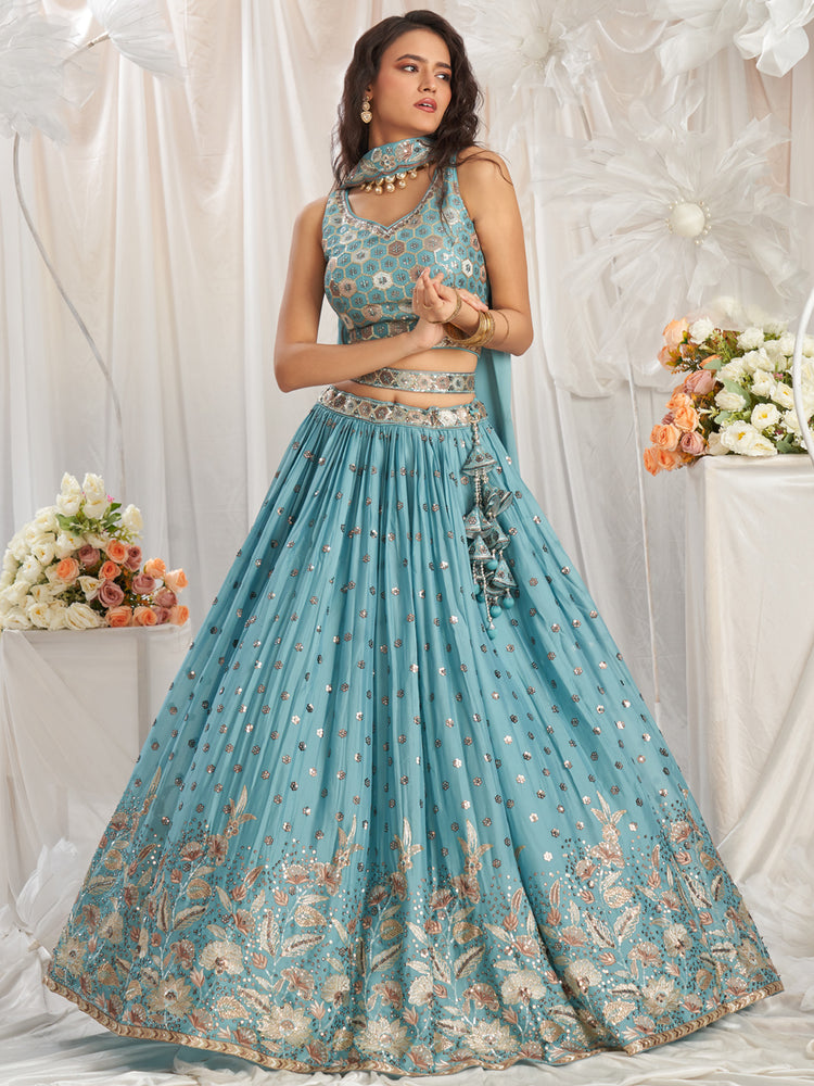 Turquoise Blue Georgette Sequin embroidery Semi-Stitched Lehenga choli & Dupatta