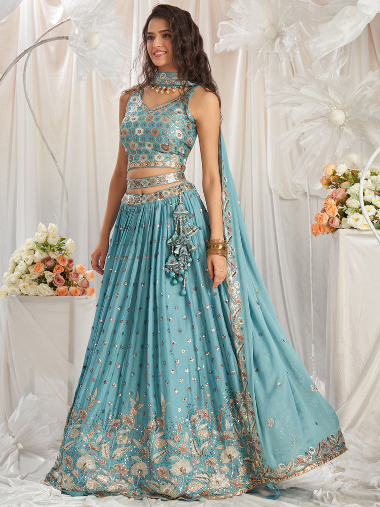 Turquoise Blue Georgette Sequin embroidery Semi-Stitched Lehenga choli & Dupatta