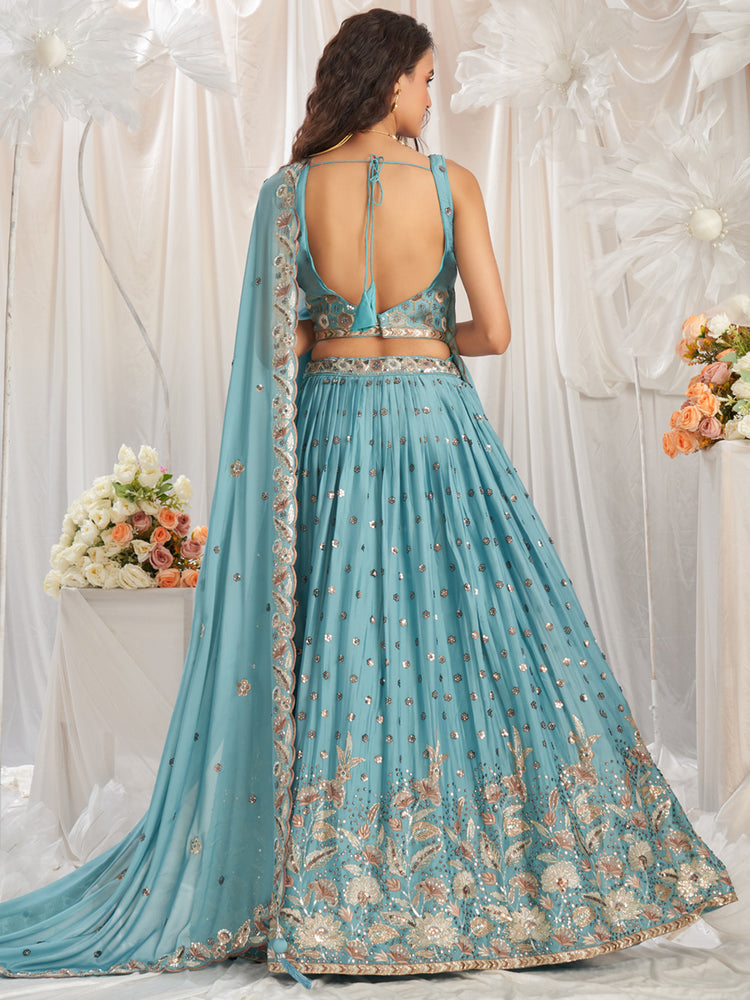 Turquoise Blue Georgette Sequin embroidery Semi-Stitched Lehenga choli & Dupatta