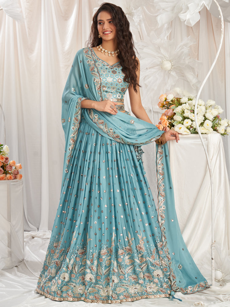 Turquoise Blue Georgette Sequin embroidery Semi-Stitched Lehenga choli & Dupatta
