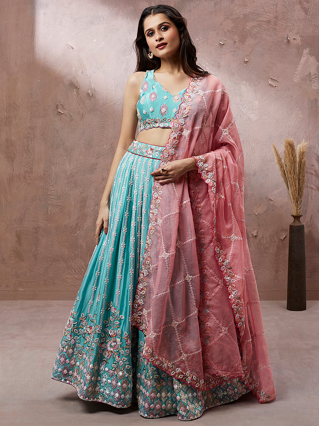 Turquoise Blue Georgette Sequins and thread embroidery Semi-Stitched Lehenga choli & Dupatta