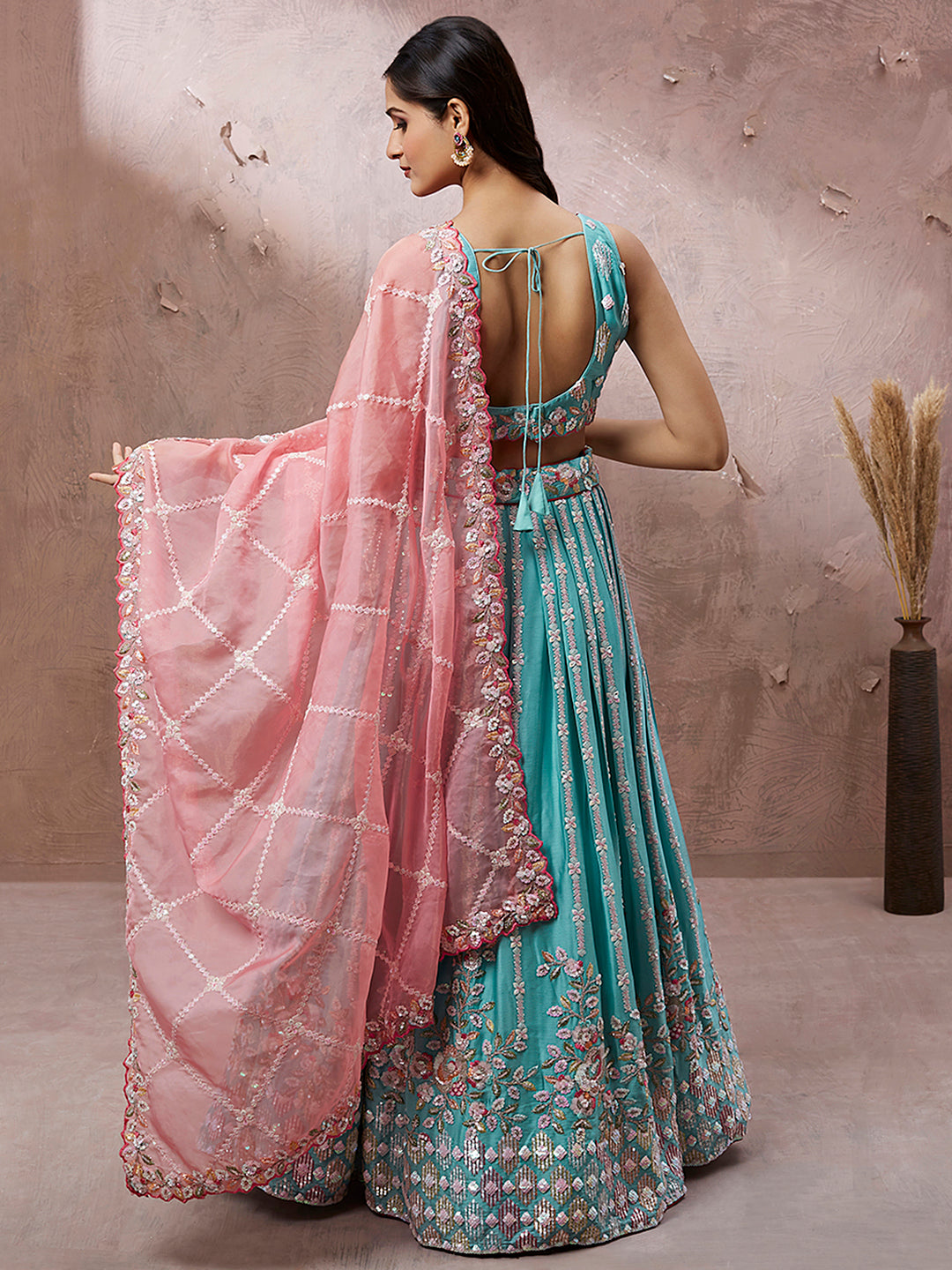 Turquoise Blue Georgette Sequins and thread embroidery Semi-Stitched Lehenga choli & Dupatta