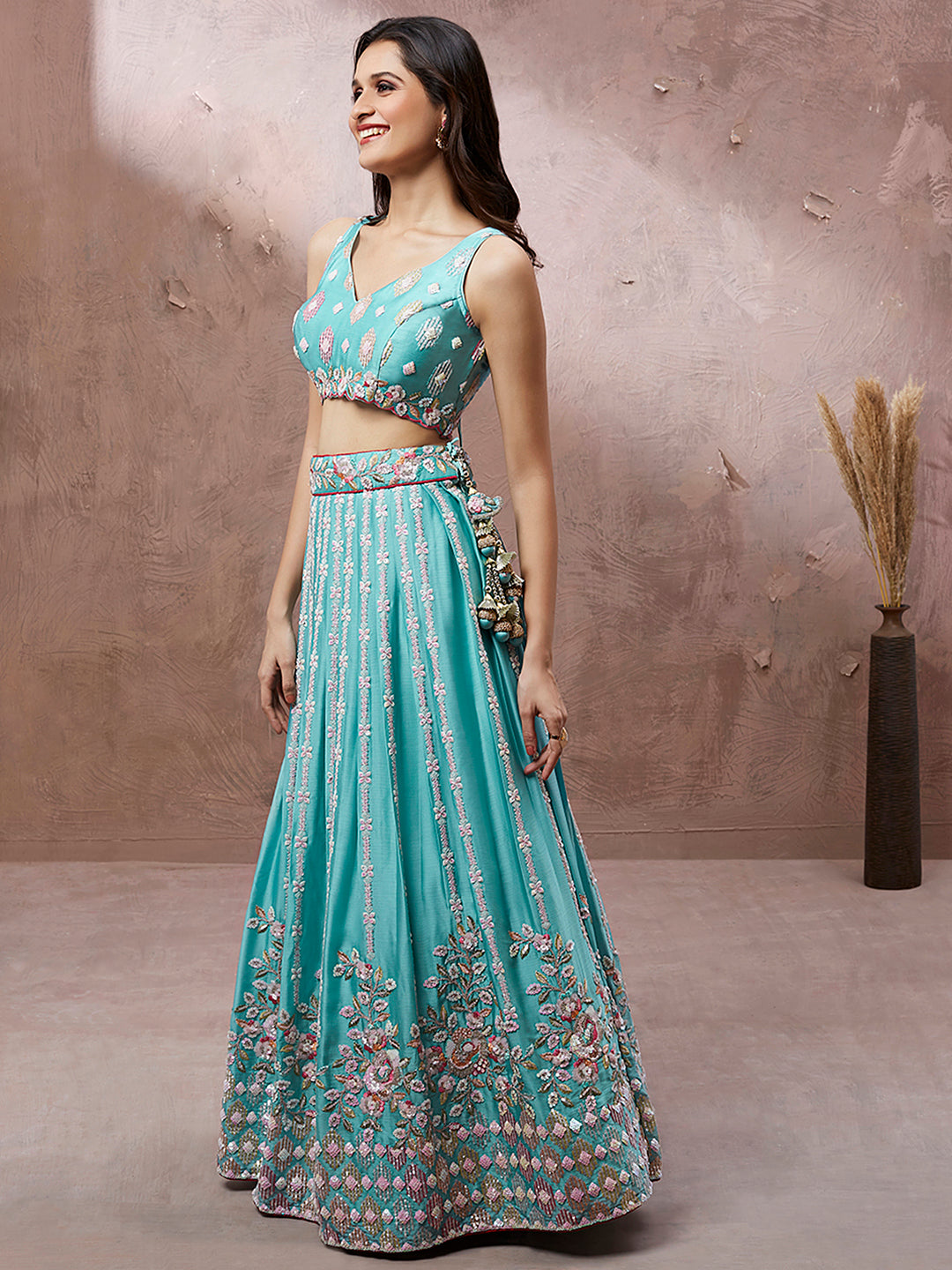 Turquoise Blue Georgette Sequins and thread embroidery Semi-Stitched Lehenga choli & Dupatta