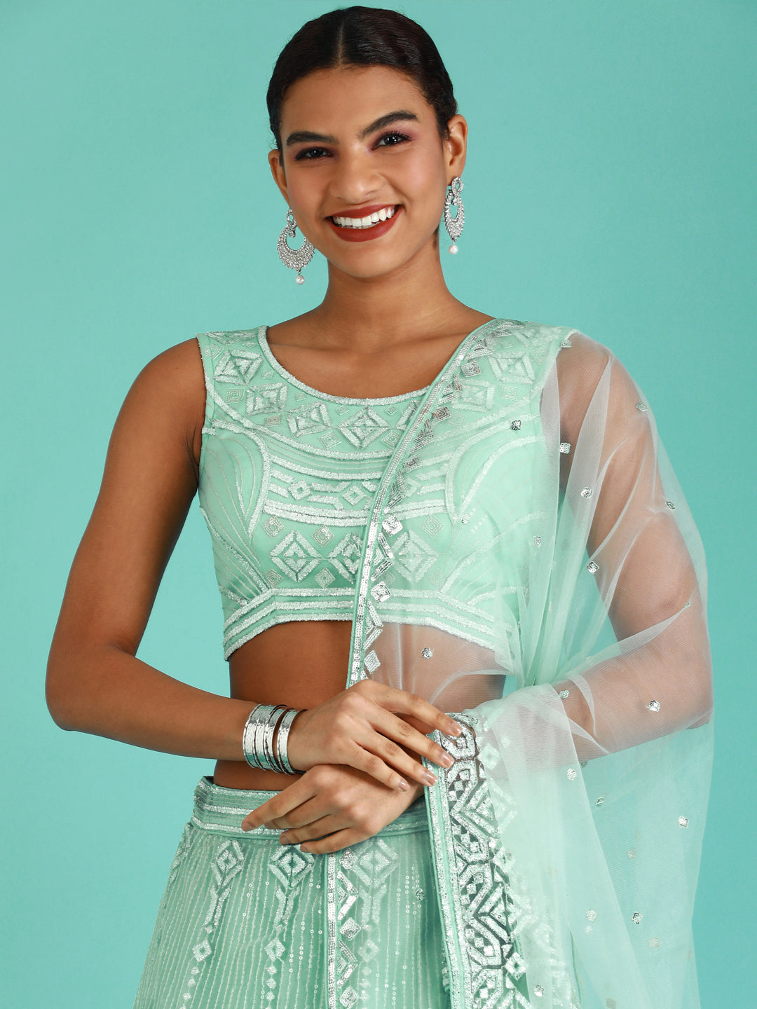 Turquoise Blue Net Gotapatti Work Semi-Stitched Lehenga & Unstitched Blouse, Dupatta