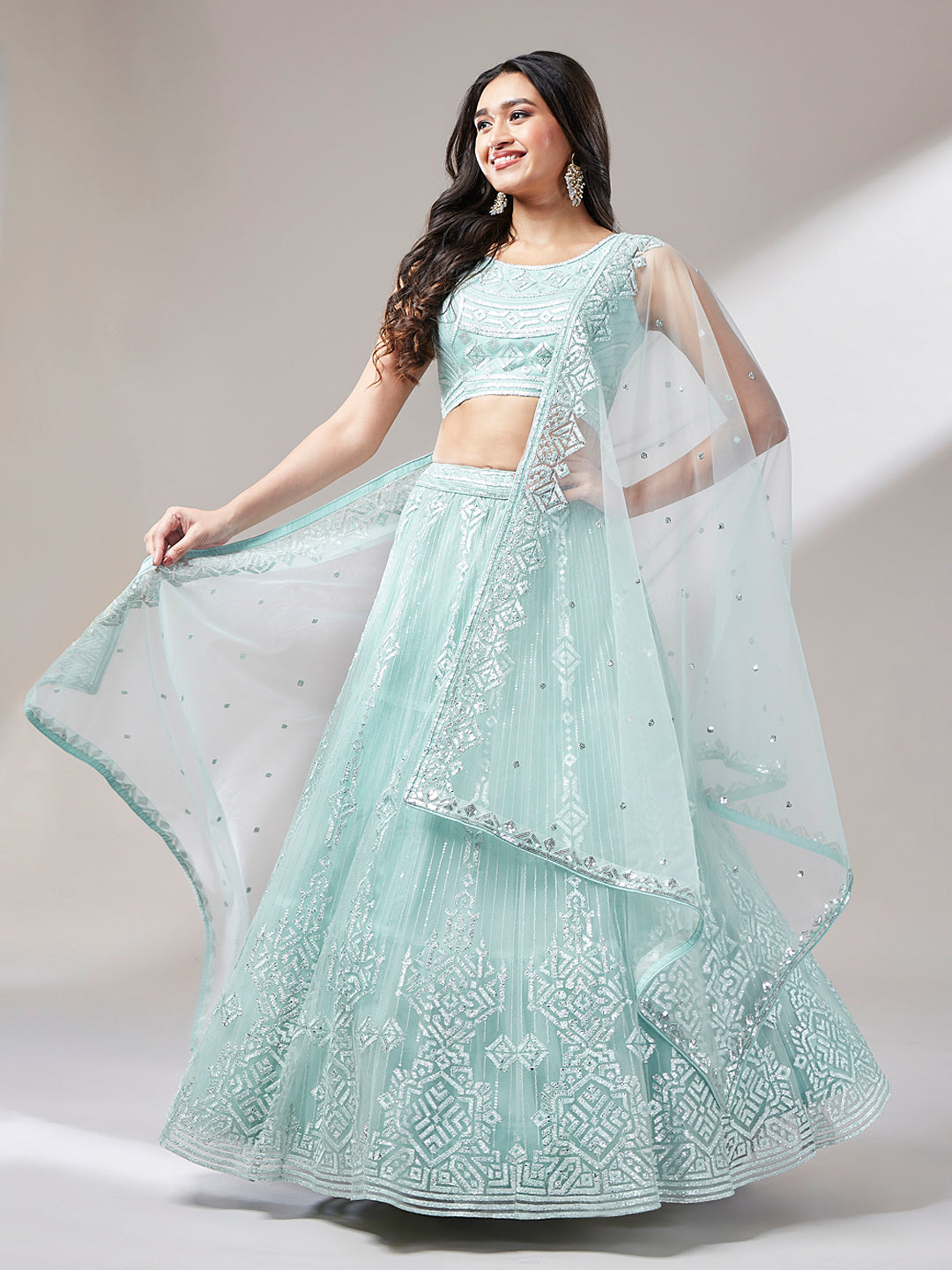 Turquoise Blue Net Gotapatti Work Semi-Stitched Lehenga & Unstitched Blouse, Dupatta
