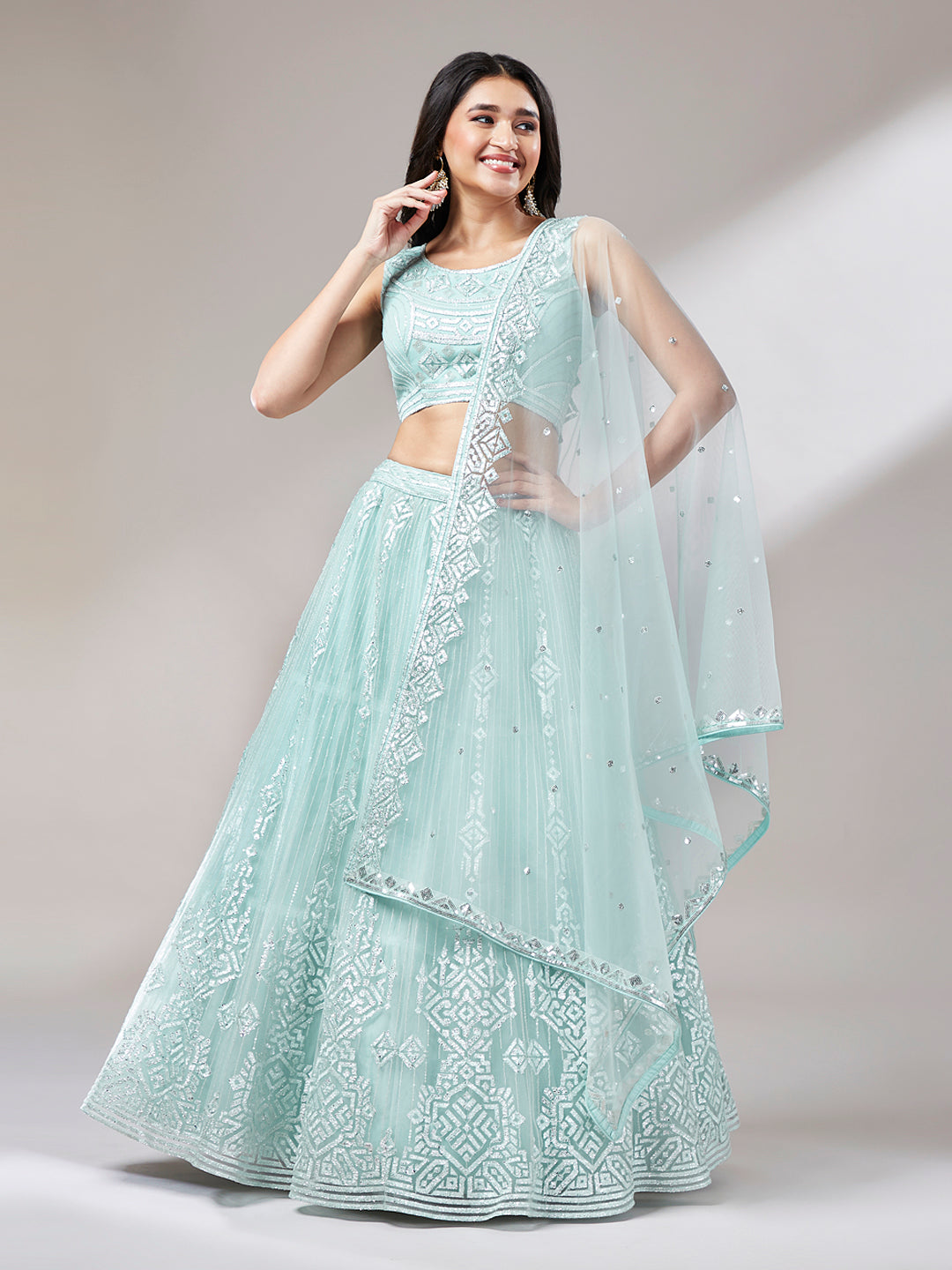 Turquoise Blue Net Gotapatti Work Semi-Stitched Lehenga & Unstitched Blouse, Dupatta