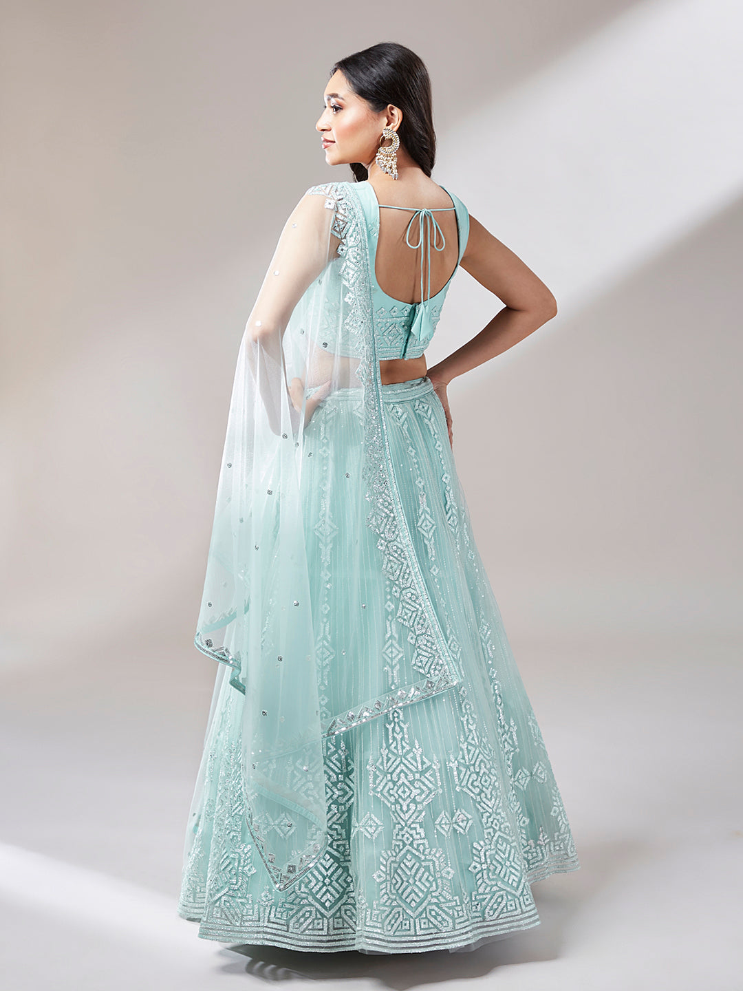 Turquoise Blue Net Gotapatti Work Semi-Stitched Lehenga & Unstitched Blouse, Dupatta
