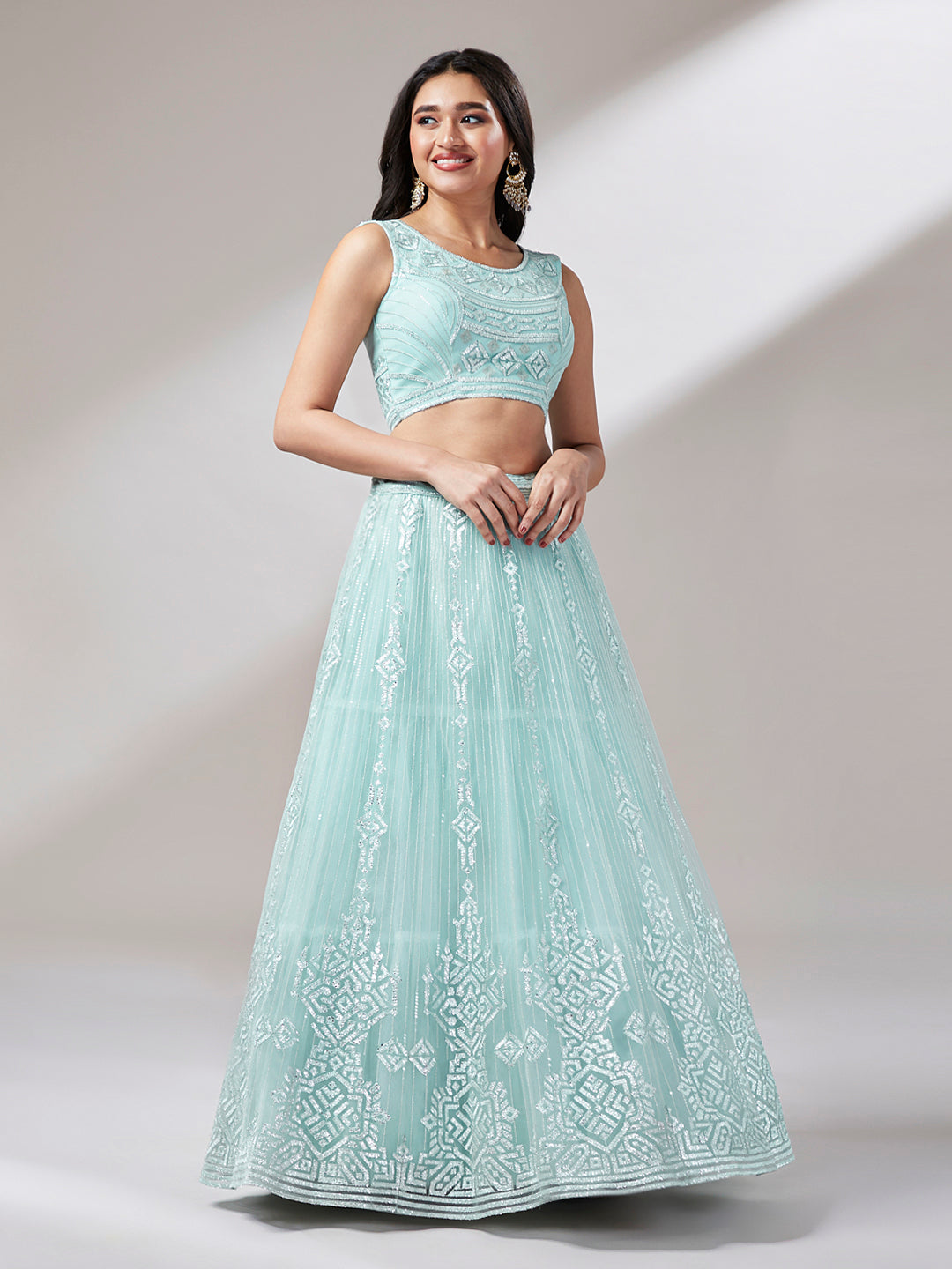 Turquoise Blue Net Gotapatti Work Semi-Stitched Lehenga & Unstitched Blouse, Dupatta