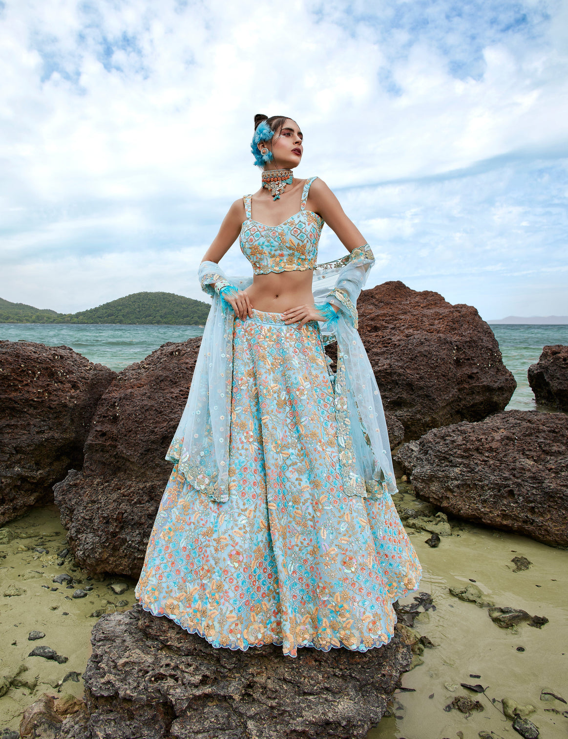 Turquoise blue Net Multi colour Sequins, Zarkans and thread embroidery Semi-Stitched Lehenga choli & Dupatta