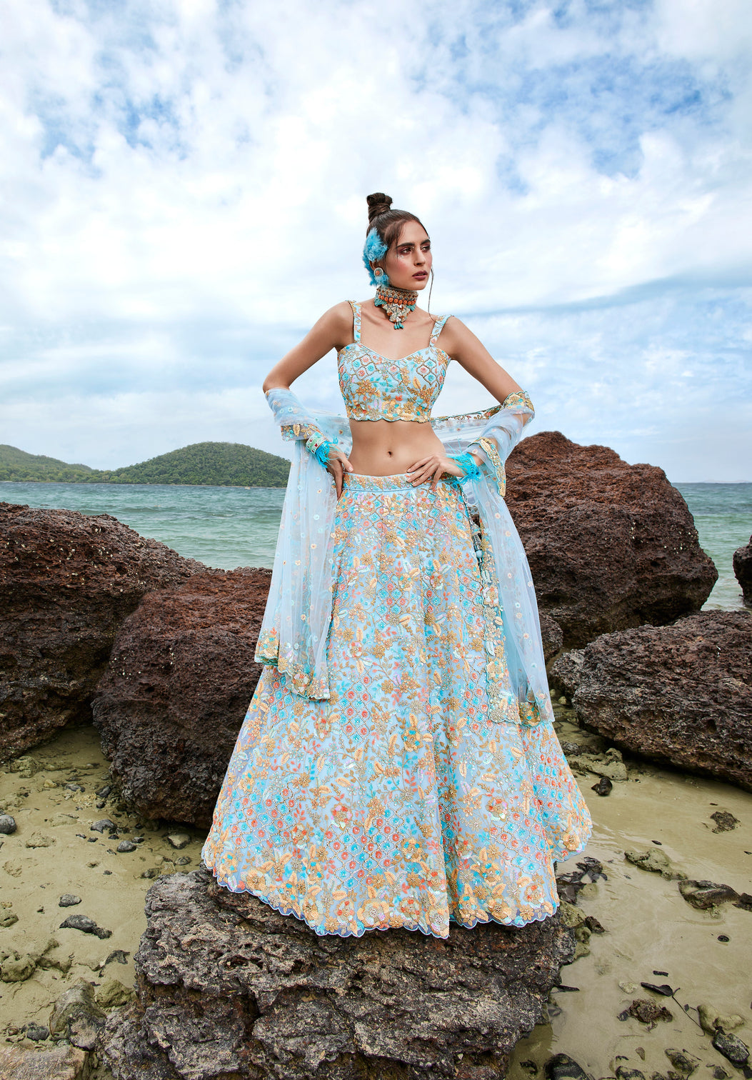 Turquoise blue Net Multi colour Sequins, Zarkans and thread embroidery Semi-Stitched Lehenga choli & Dupatta