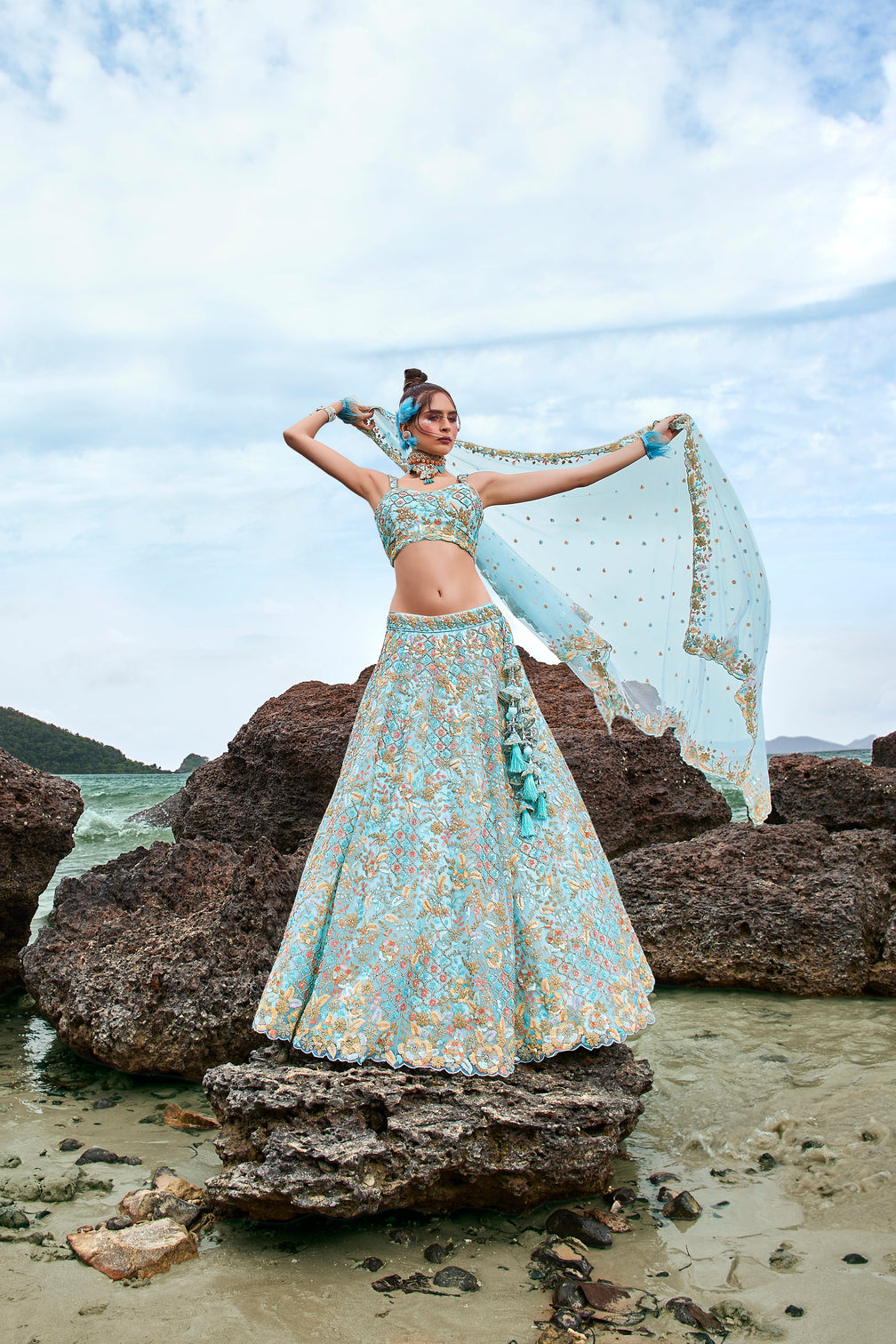 Turquoise blue Net Multi colour Sequins, Zarkans and thread embroidery Semi-Stitched Lehenga choli & Dupatta