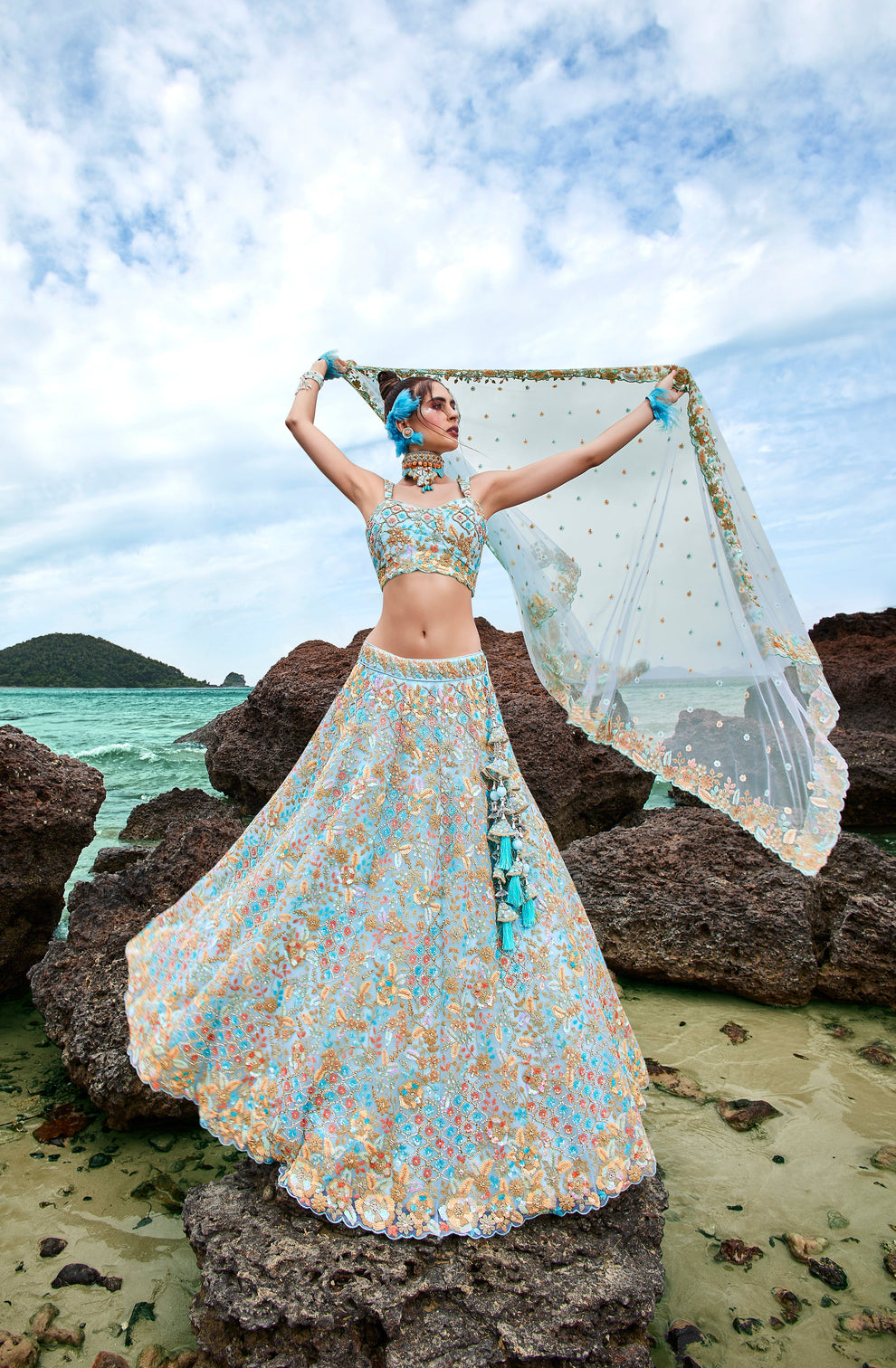 Turquoise blue Net Multi colour Sequins, Zarkans and thread embroidery Semi-Stitched Lehenga choli & Dupatta