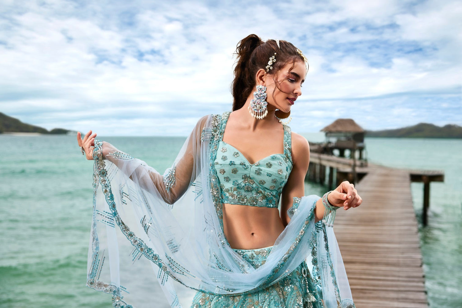 Turquoise Blue Net Sequins and Zarkan embroidery Semi-Stitched Lehenga choli & Dupatta