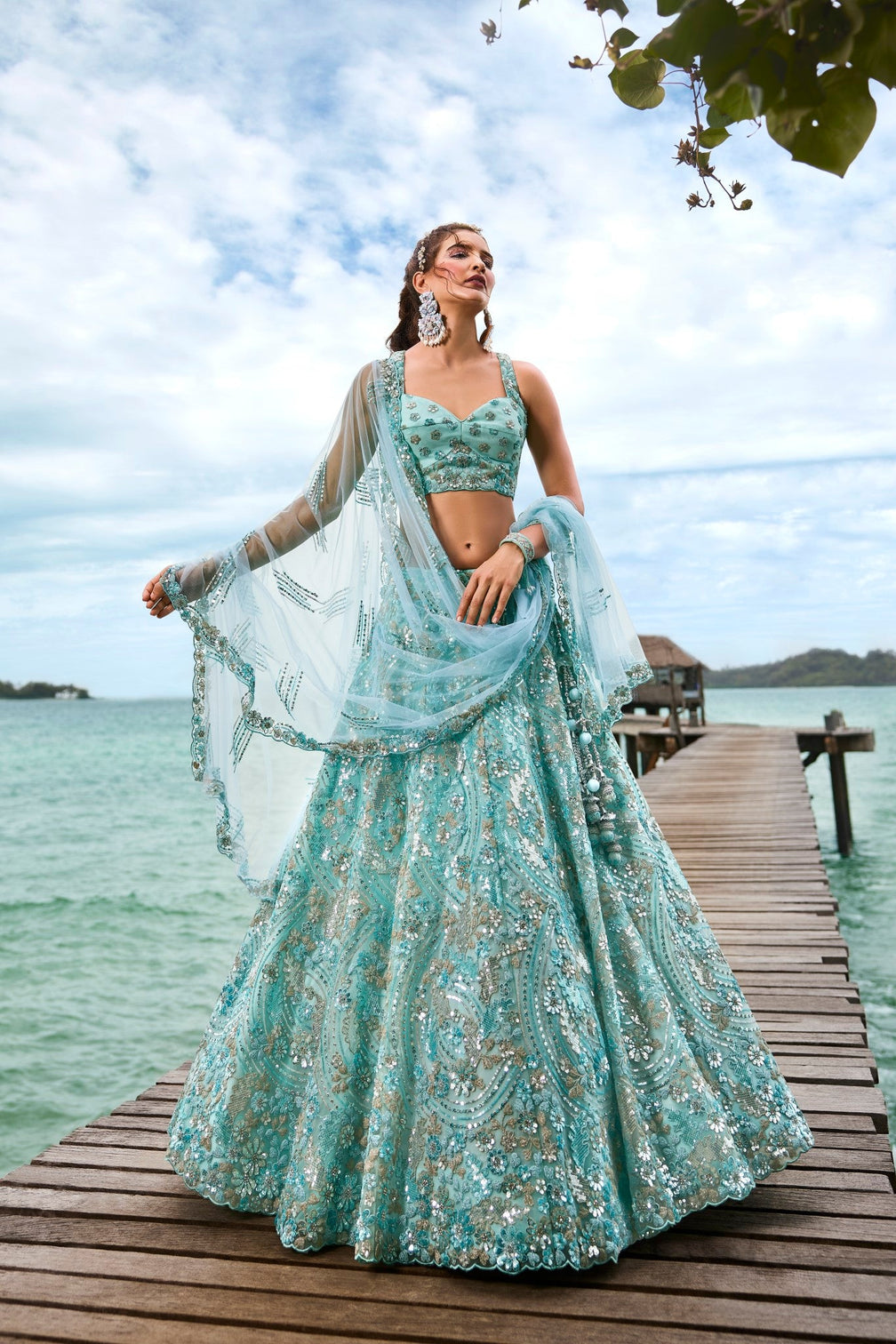 Turquoise Blue Net Sequins and Zarkan embroidery Semi-Stitched Lehenga choli & Dupatta