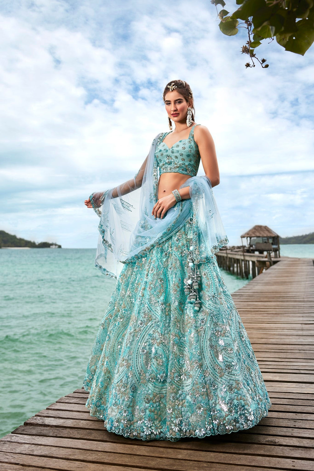 Turquoise Blue Net Sequins and Zarkan embroidery Semi-Stitched Lehenga choli & Dupatta