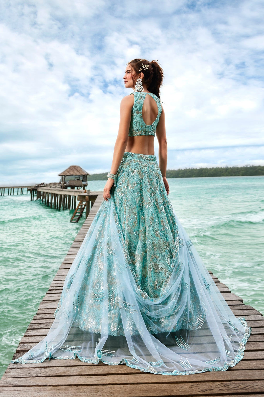 Turquoise Blue Net Sequins and Zarkan embroidery Semi-Stitched Lehenga choli & Dupatta