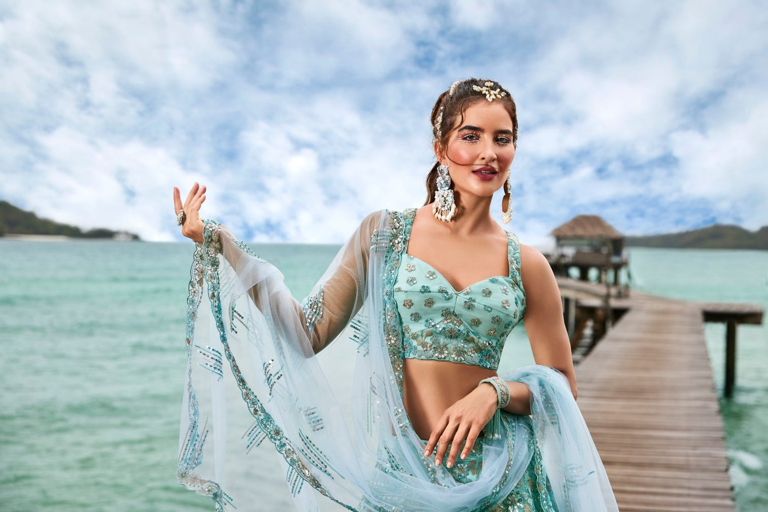 Turquoise Blue Net Sequins and Zarkan embroidery Semi-Stitched Lehenga choli & Dupatta