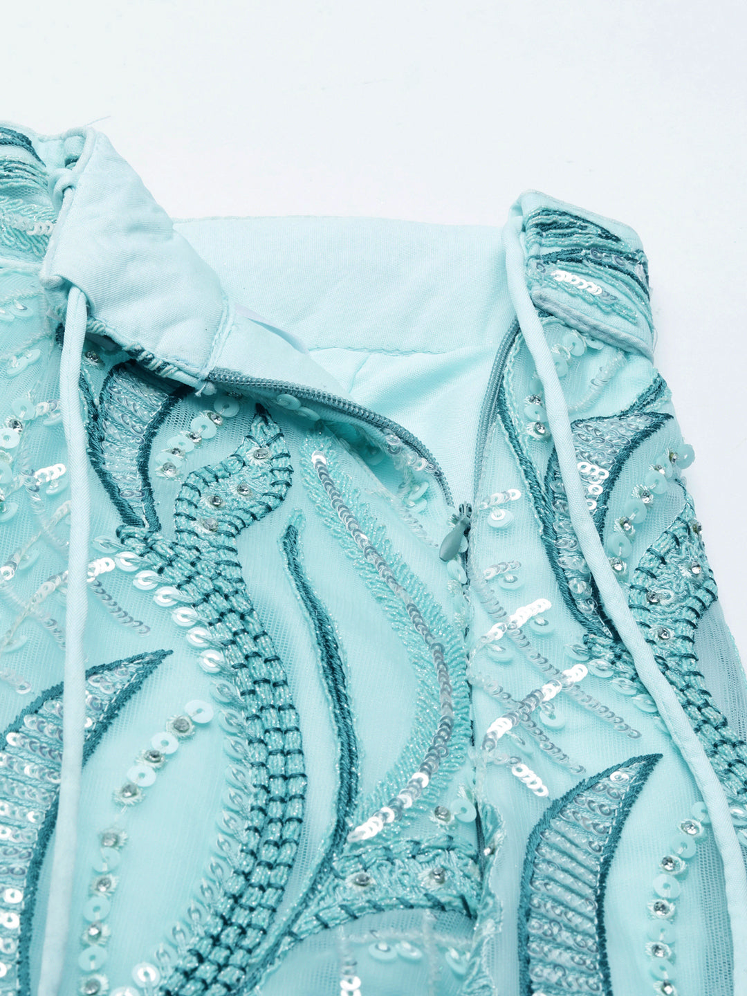Turquoise Blue Net Sequins, Zarkan and thread embroidery Semi-Stitched Lehenga choli & Dupatta