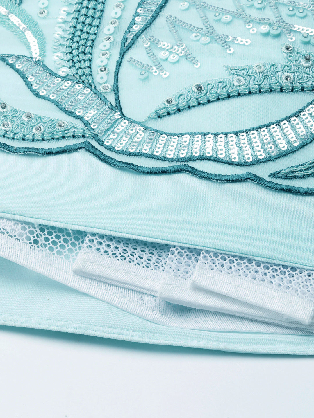 Turquoise Blue Net Sequins, Zarkan and thread embroidery Semi-Stitched Lehenga choli & Dupatta