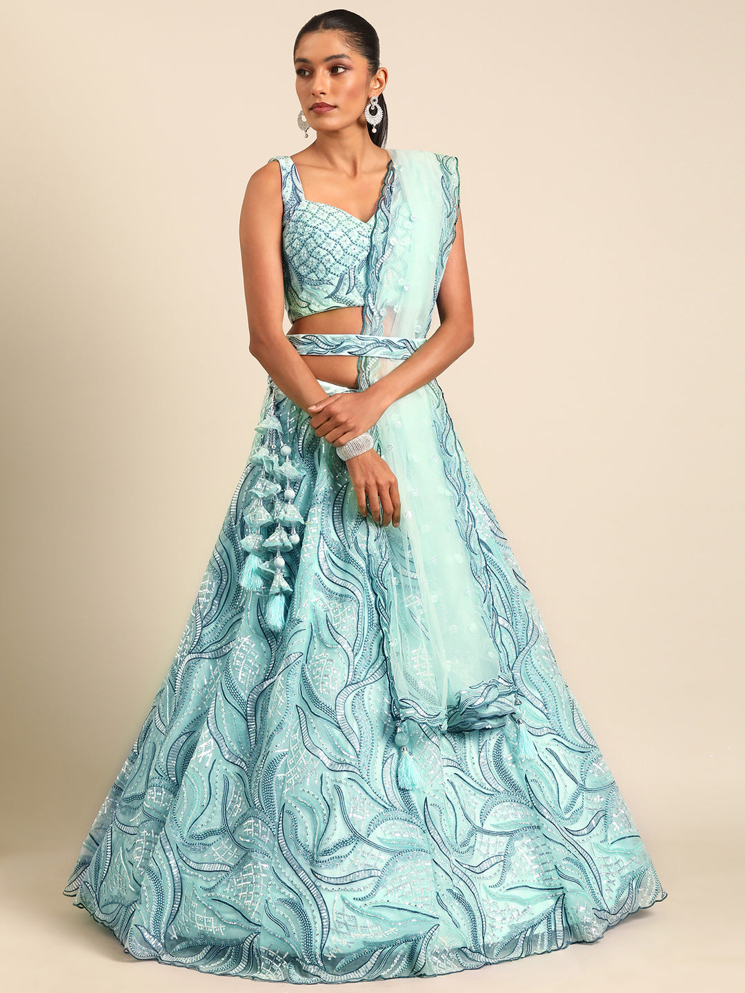 Turquoise Blue Net Sequins, Zarkan and thread embroidery Semi-Stitched Lehenga choli & Dupatta