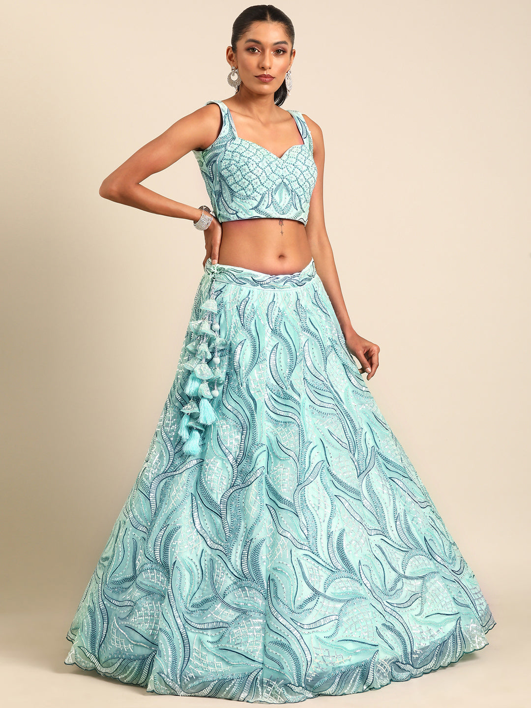 Turquoise Blue Net Sequins, Zarkan and thread embroidery Semi-Stitched Lehenga choli & Dupatta