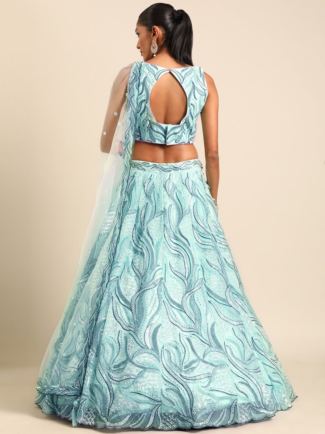 Turquoise Blue Net Sequins, Zarkan and thread embroidery Semi-Stitched Lehenga choli & Dupatta