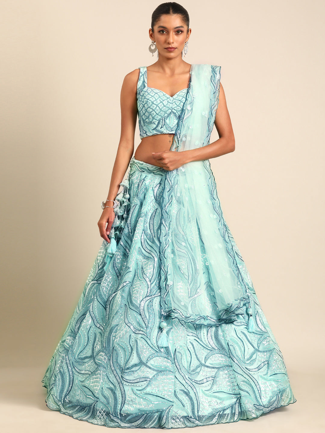 Turquoise Blue Net Sequins, Zarkan and thread embroidery Semi-Stitched Lehenga choli & Dupatta