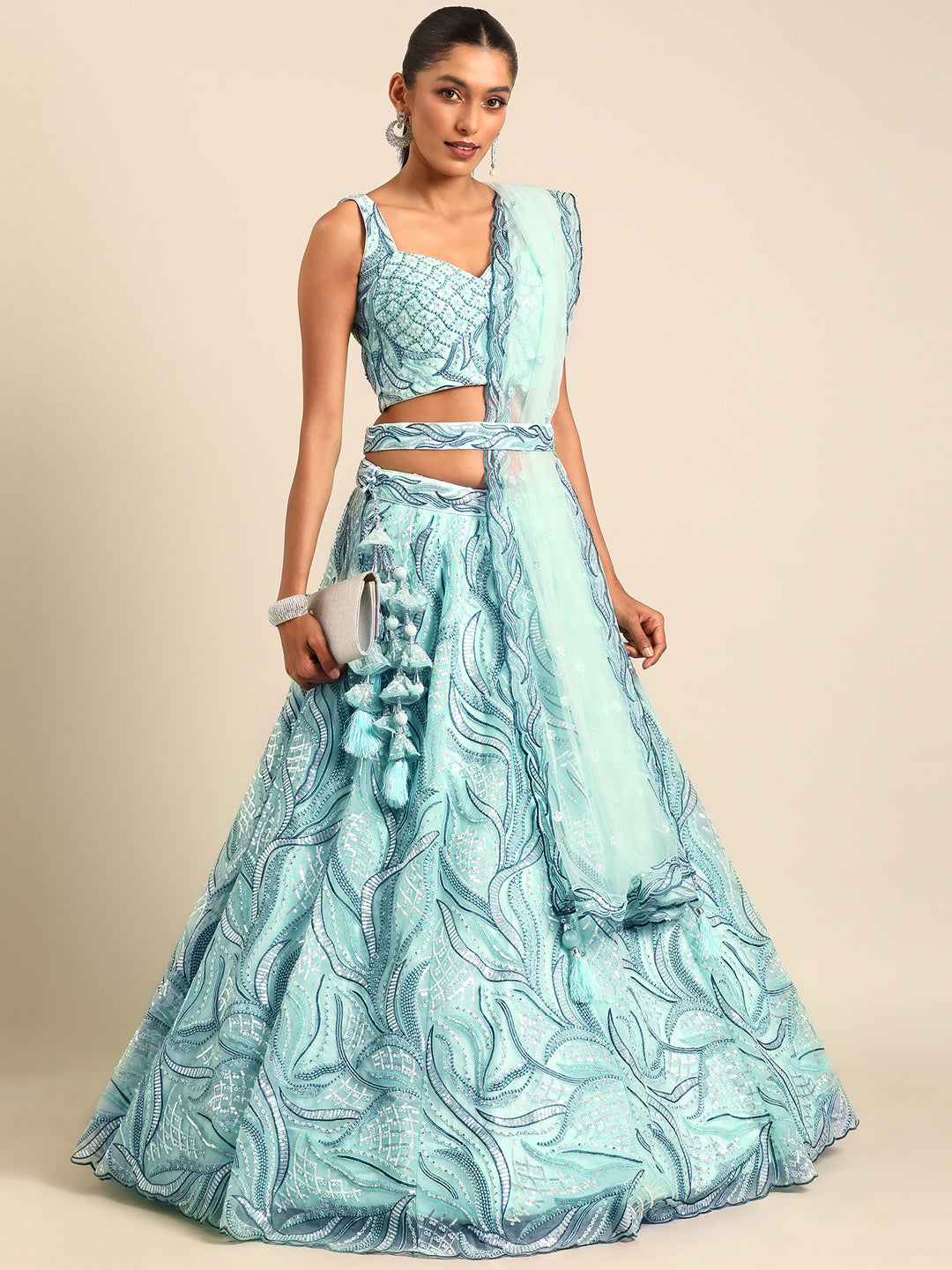 Turquoise Blue Net Sequins, Zarkan and thread embroidery Semi-Stitched Lehenga choli & Dupatta