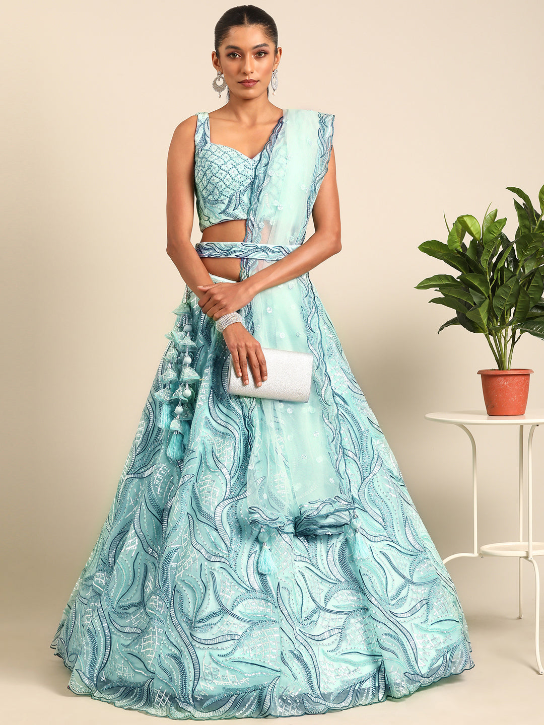 Turquoise Blue Net Sequins, Zarkan and thread embroidery Semi-Stitched Lehenga choli & Dupatta