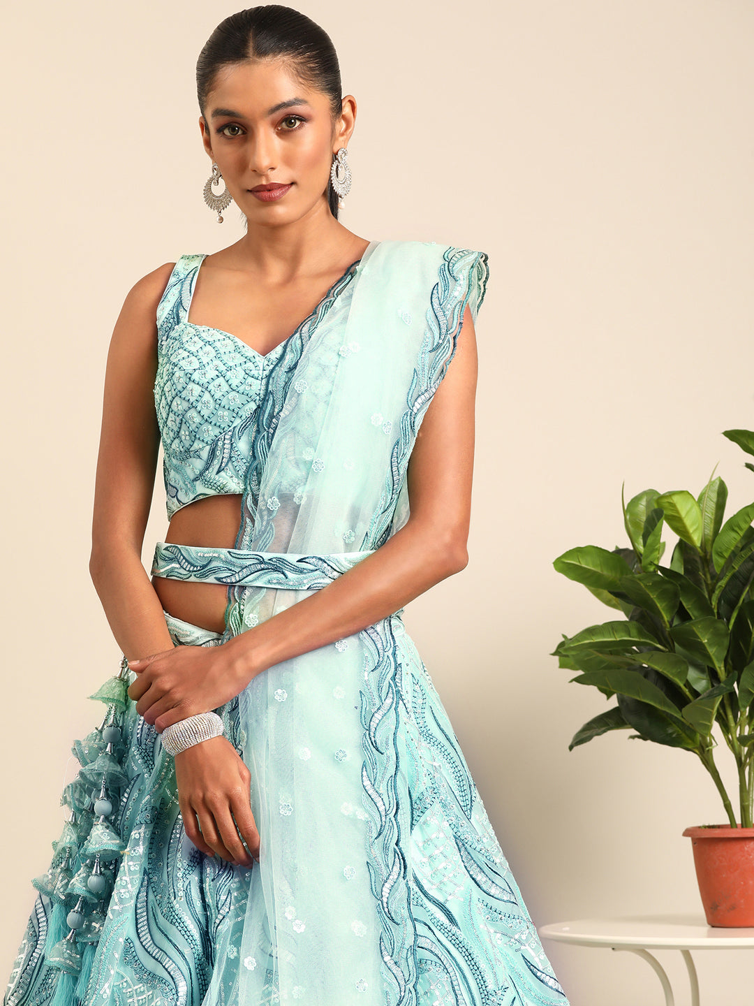 Turquoise Blue Net Sequins, Zarkan and thread embroidery Semi-Stitched Lehenga choli & Dupatta
