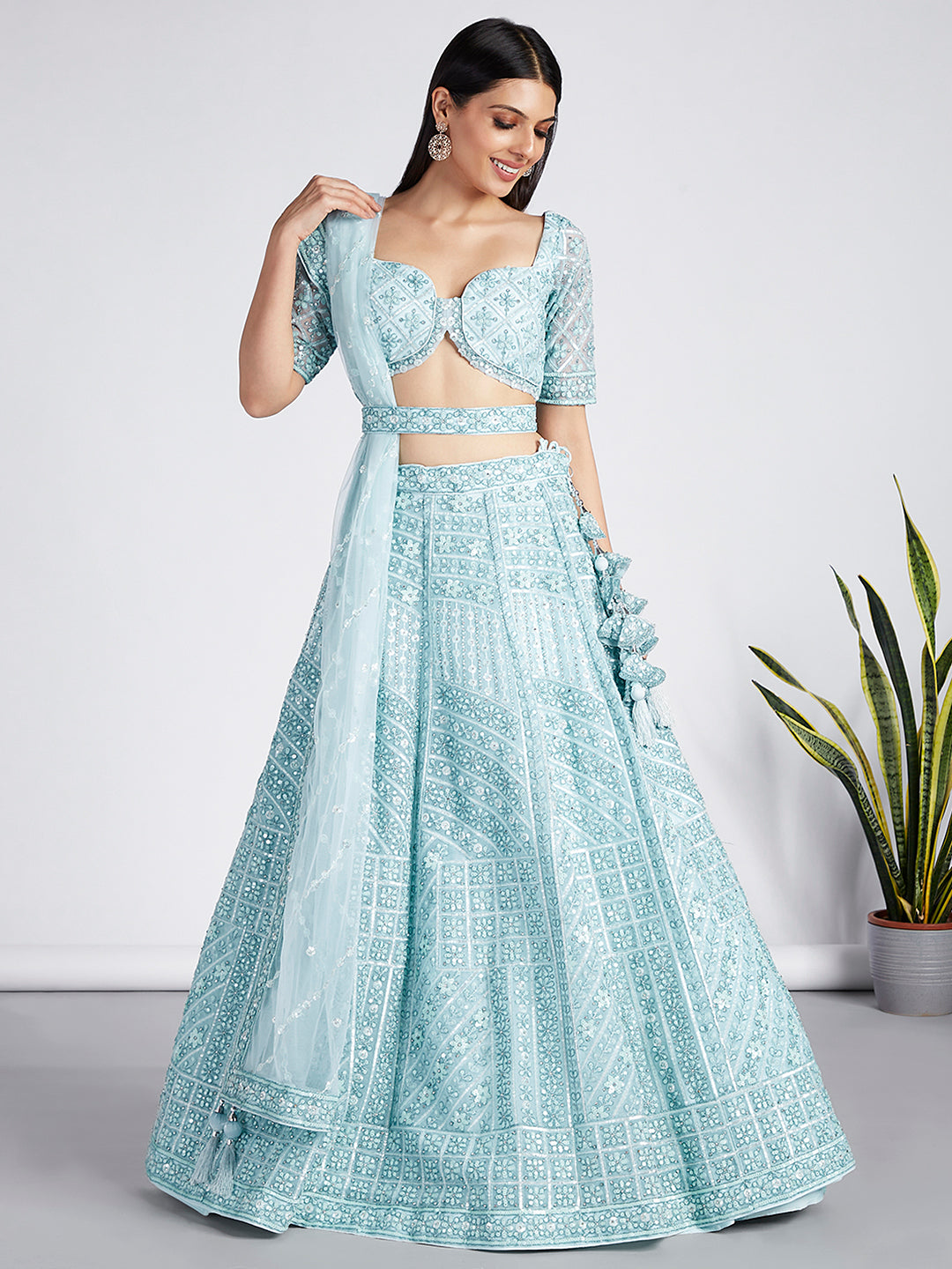 Turquoise blue Net Sequins, Zarkan and thread embroidery Semi-Stitched Lehenga choli & Dupatta