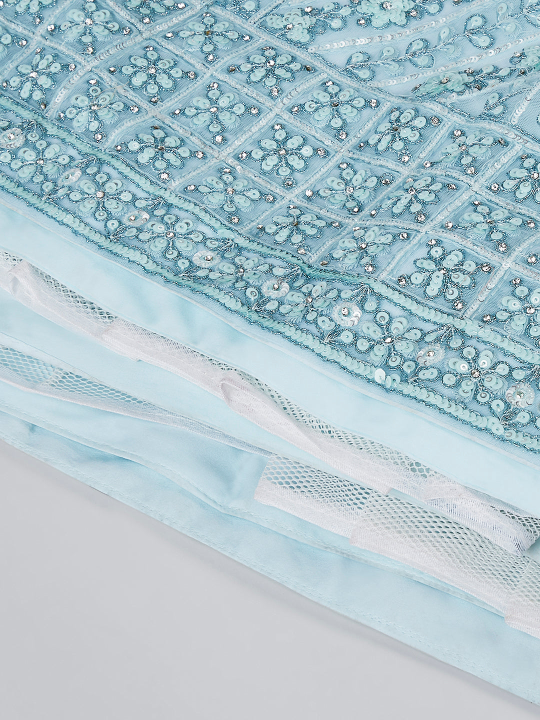 Turquoise blue Net Sequins, Zarkan and thread embroidery Semi-Stitched Lehenga choli & Dupatta