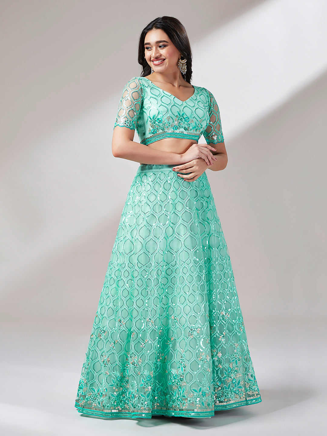 Turquoise Blue Net Sequinse Work Semi-Stitched Lehenga & Unstitched Blouse, Dupatta