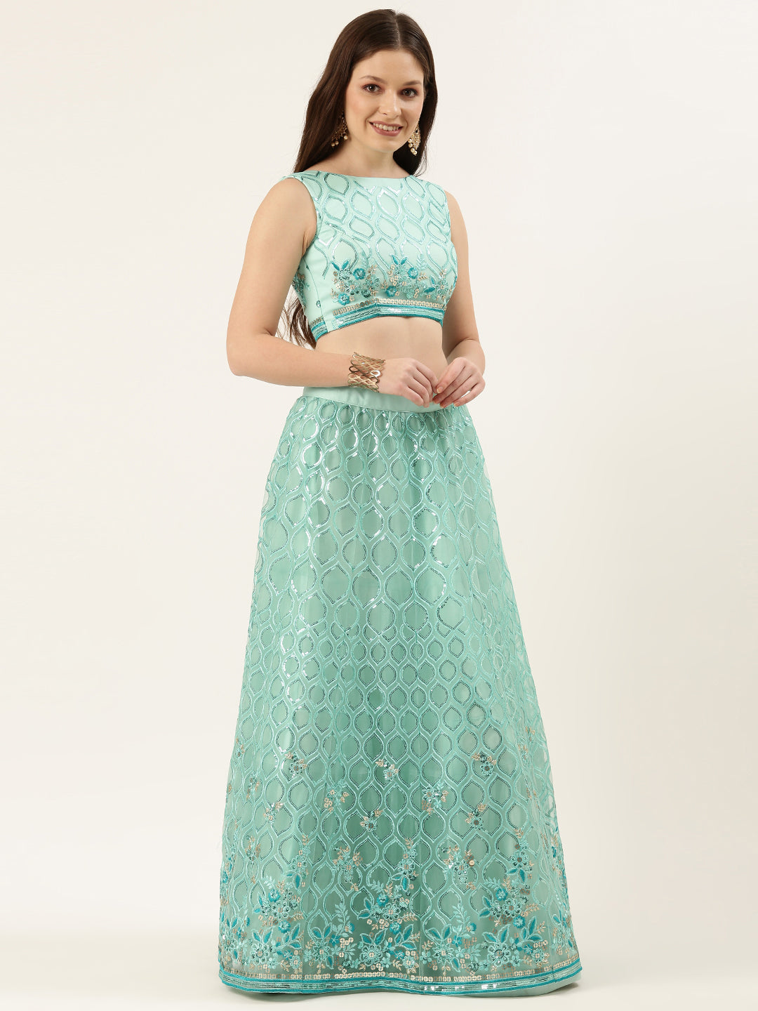 Turquoise Blue Net Sequinse Work Semi-Stitched Lehenga & Unstitched Blouse, Dupatta