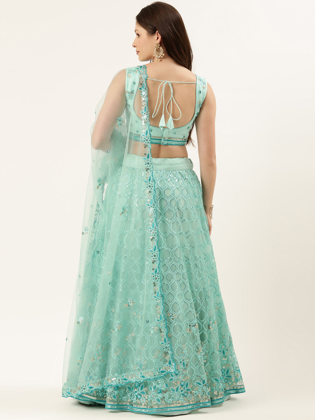 Turquoise Blue Net Sequinse Work Semi-Stitched Lehenga & Unstitched Blouse, Dupatta