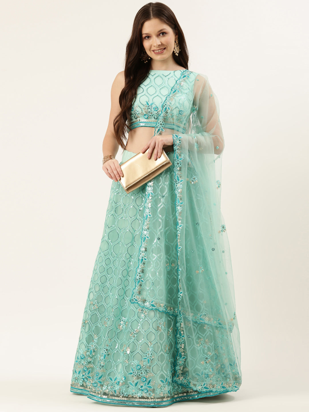 Turquoise Blue Net Sequinse Work Semi-Stitched Lehenga & Unstitched Blouse, Dupatta