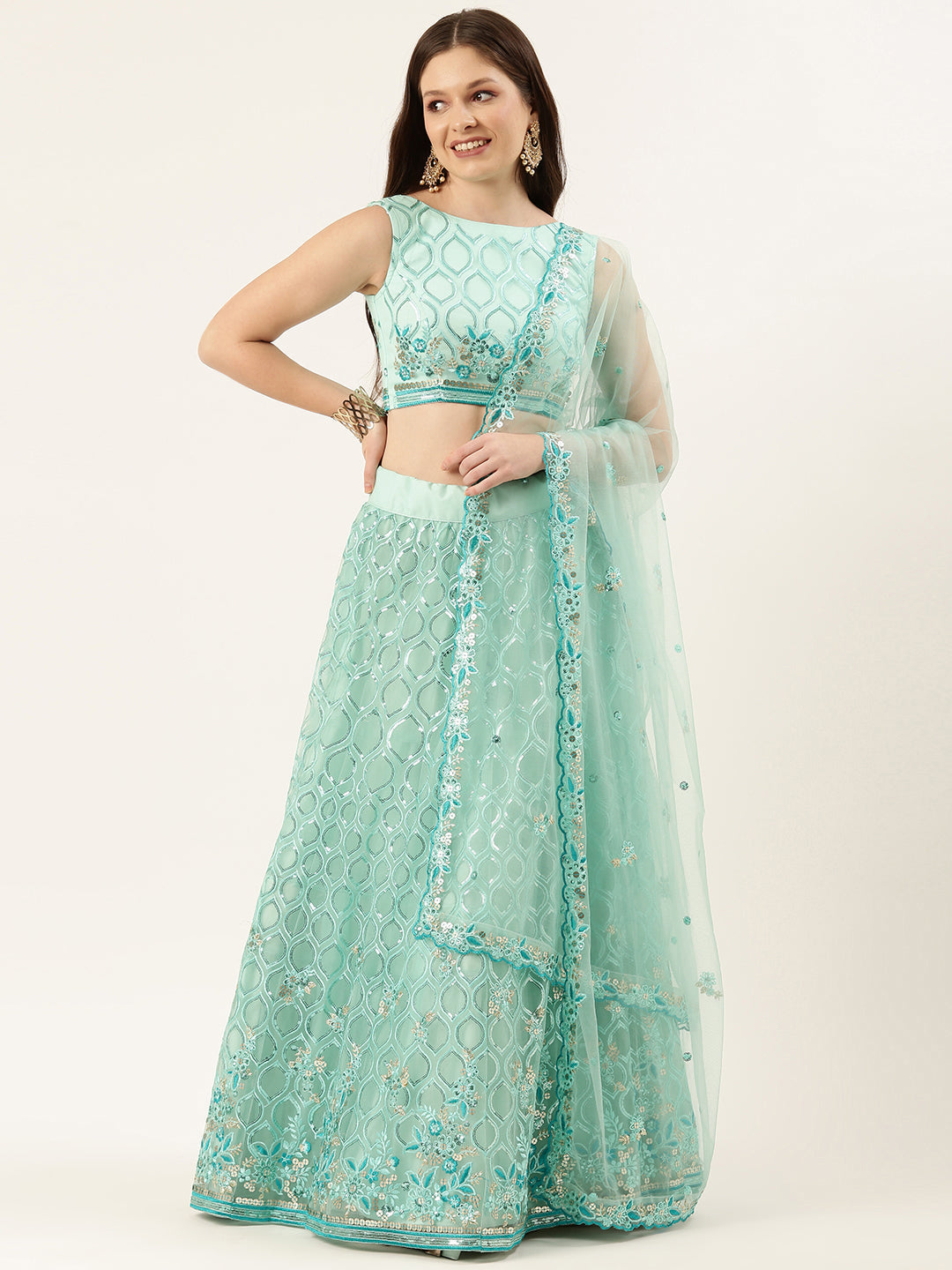 Turquoise Blue Net Sequinse Work Semi-Stitched Lehenga & Unstitched Blouse, Dupatta