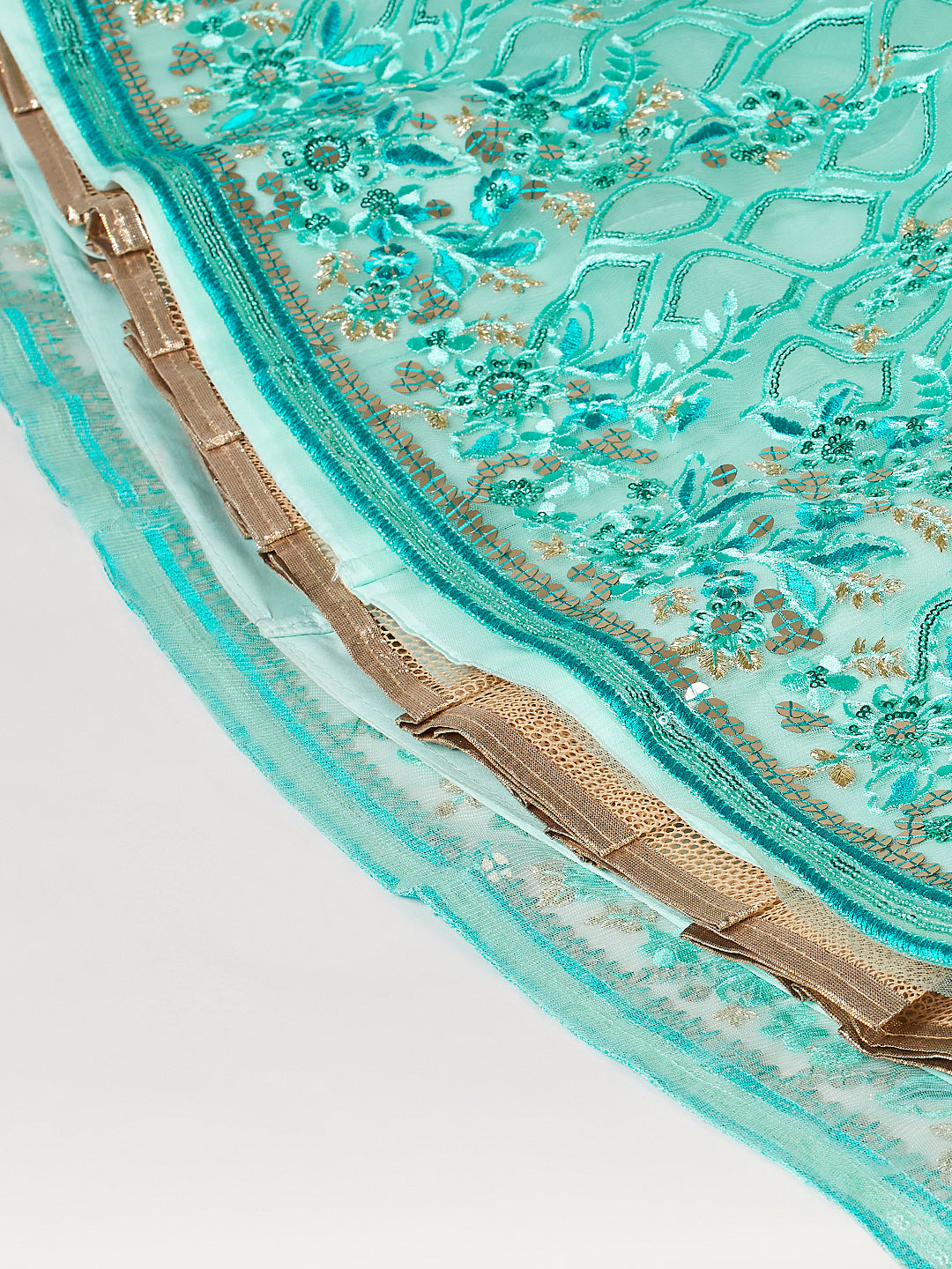 Turquoise Blue Net Sequinse Work Semi-Stitched Lehenga & Unstitched Blouse, Dupatta