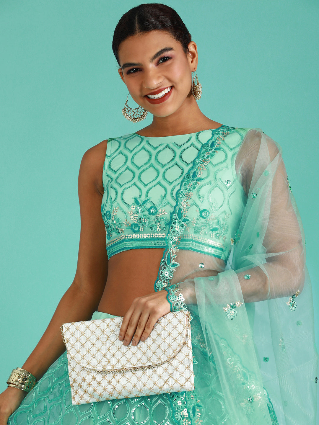 Turquoise Blue Net Sequinse Work Semi-Stitched Lehenga & Unstitched Blouse, Dupatta