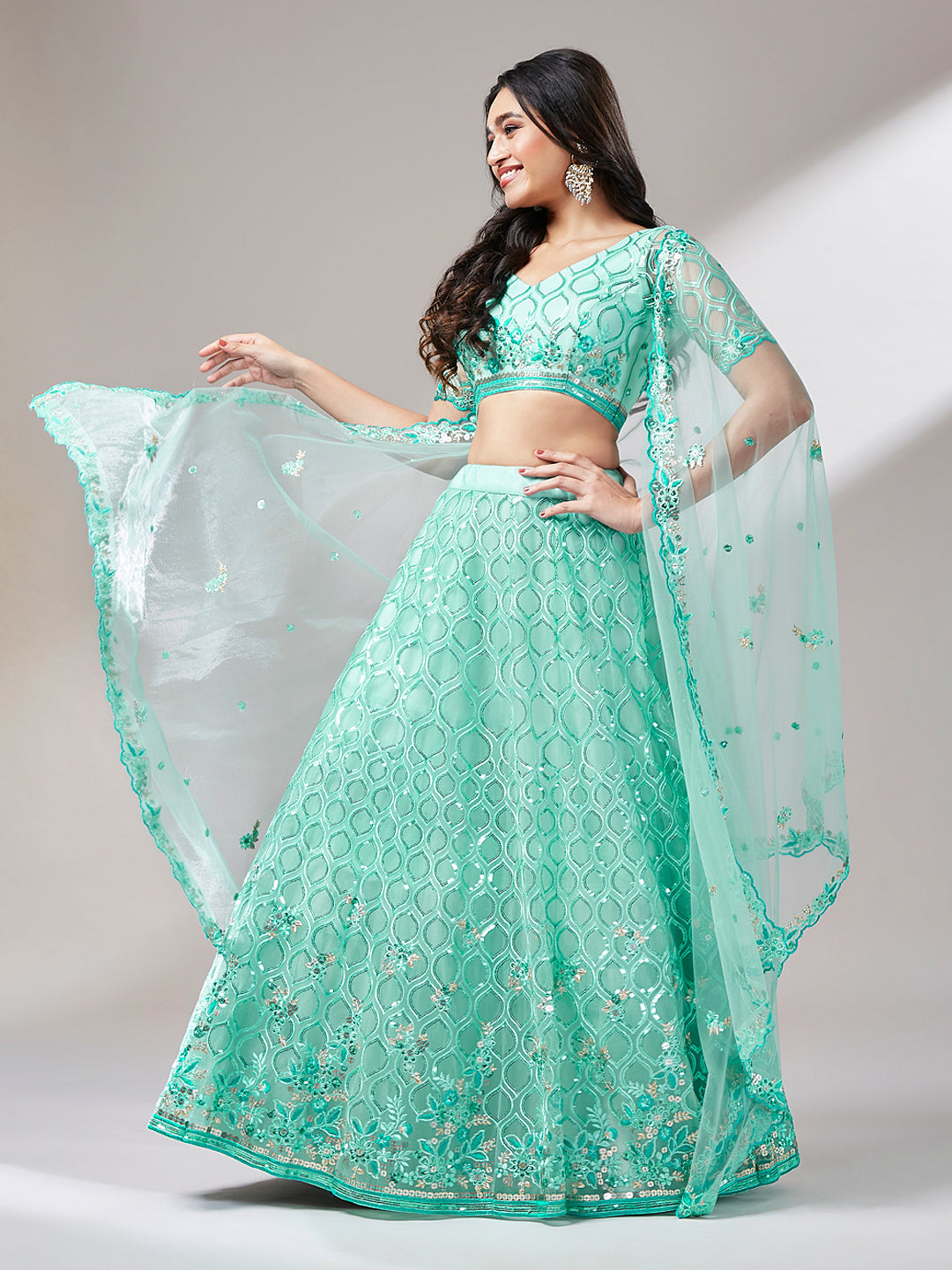 Turquoise Blue Net Sequinse Work Semi-Stitched Lehenga & Unstitched Blouse, Dupatta