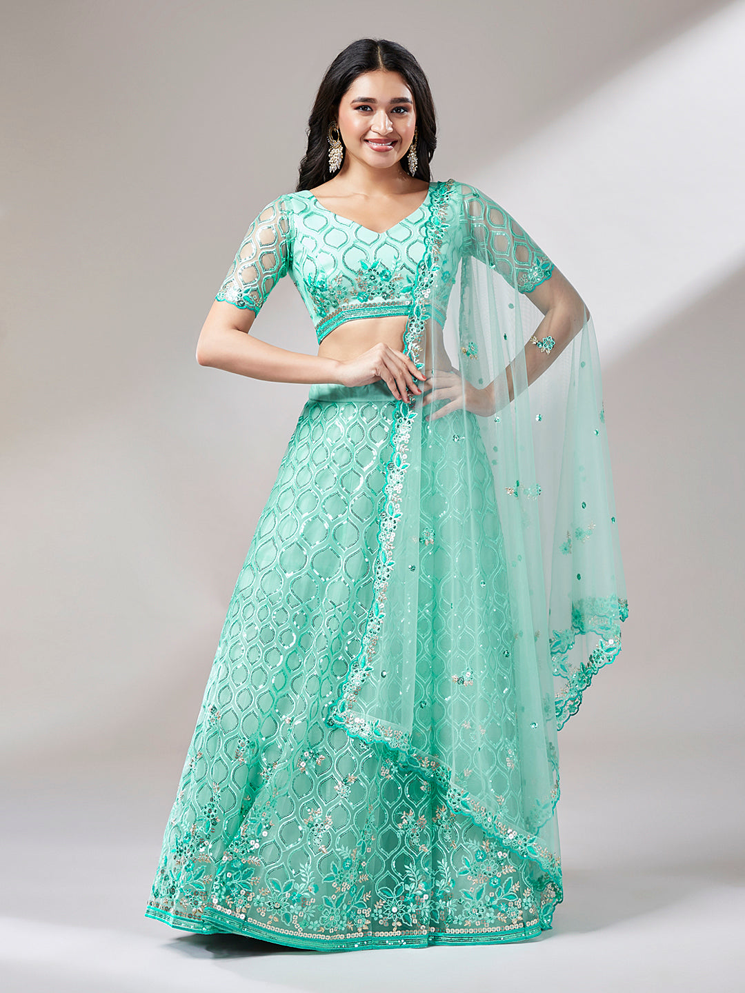 Turquoise Blue Net Sequinse Work Semi-Stitched Lehenga & Unstitched Blouse, Dupatta