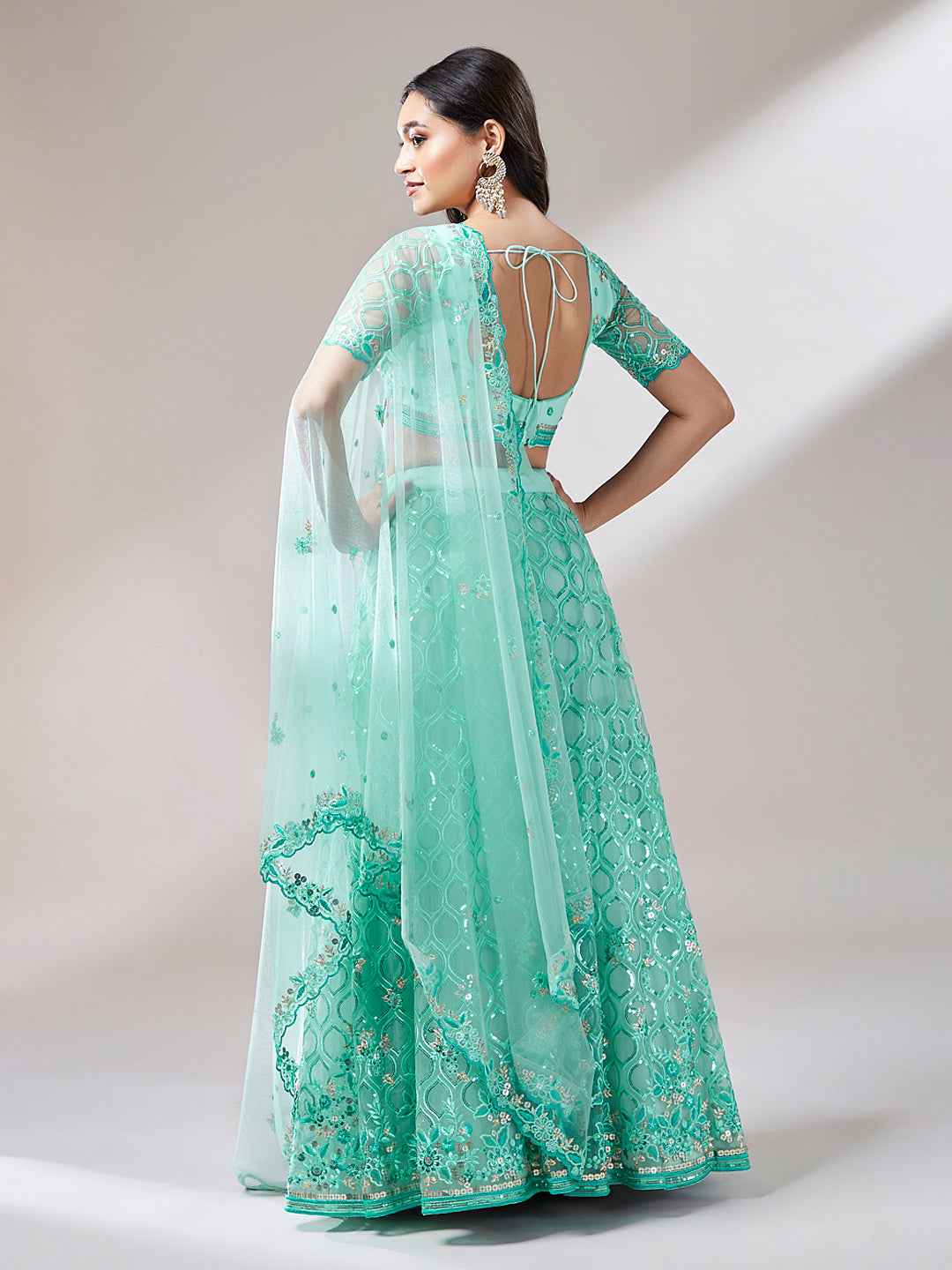 Turquoise Blue Net Sequinse Work Semi-Stitched Lehenga & Unstitched Blouse, Dupatta