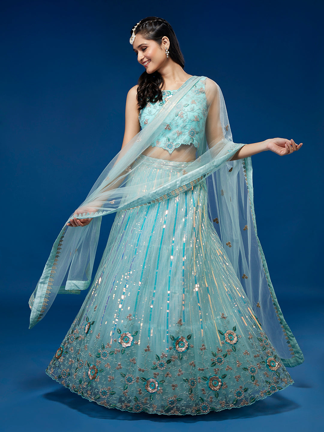 Turquoise Blue Net Sequinse Work Semi-Stitched Lehenga & Unstitched Blouse, Dupatta